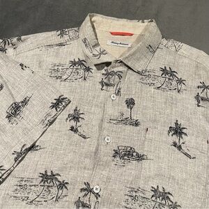 Tommy Bahama Shirt Mens XXL Gray Linen All Over Palm Tree Tropical Reverse Print
